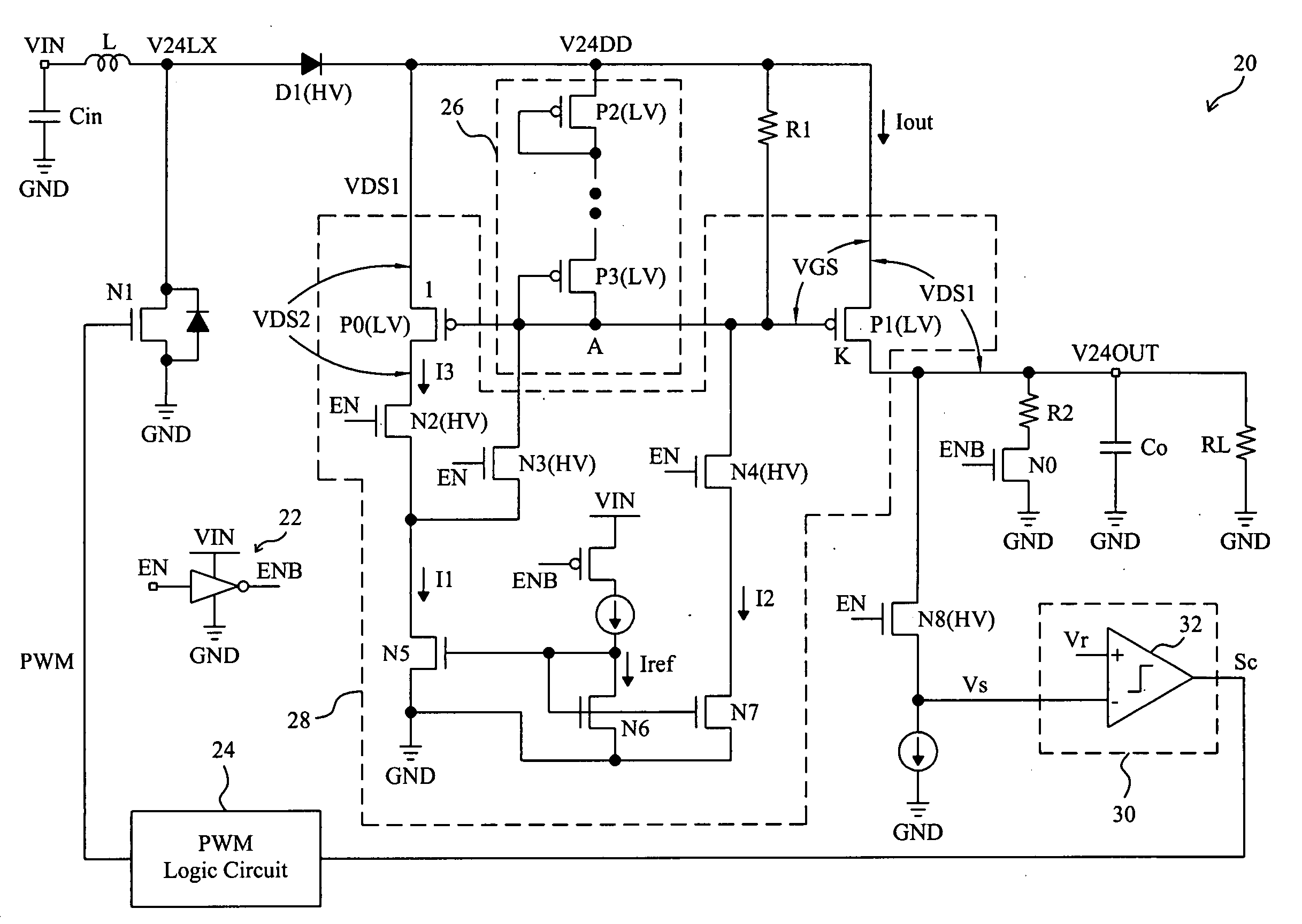 Non-synchronous boost converter including low-voltage device for load disconnection