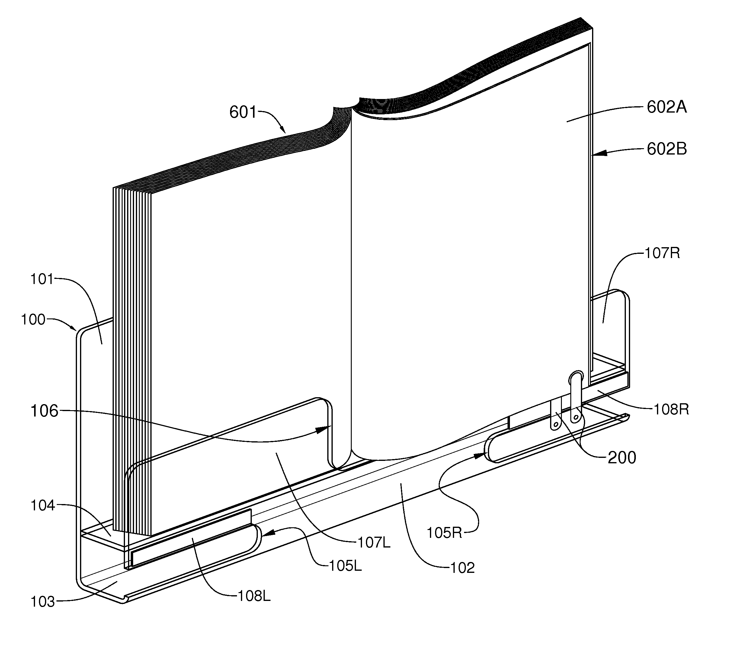 Book holder having a central gap in a transparent front panel for turning pages which are magnetically secured to the front panel