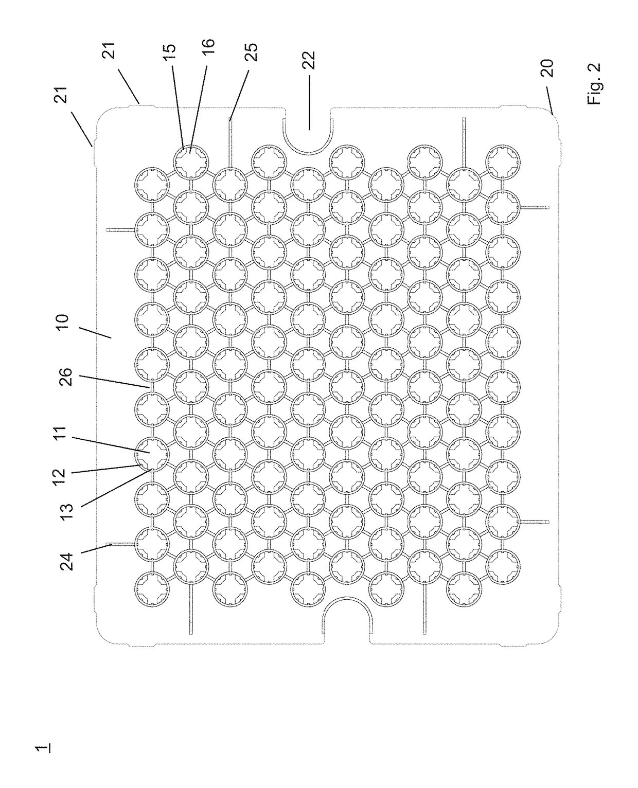 Supporting structure for supporting sealed cartridges, transport or packaging container and process for processing the same