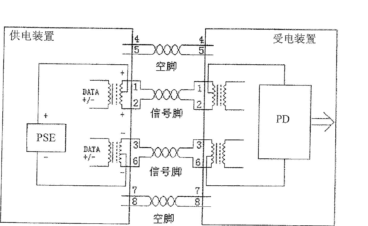 Two-line cable power supply device, power receiving device, system and method