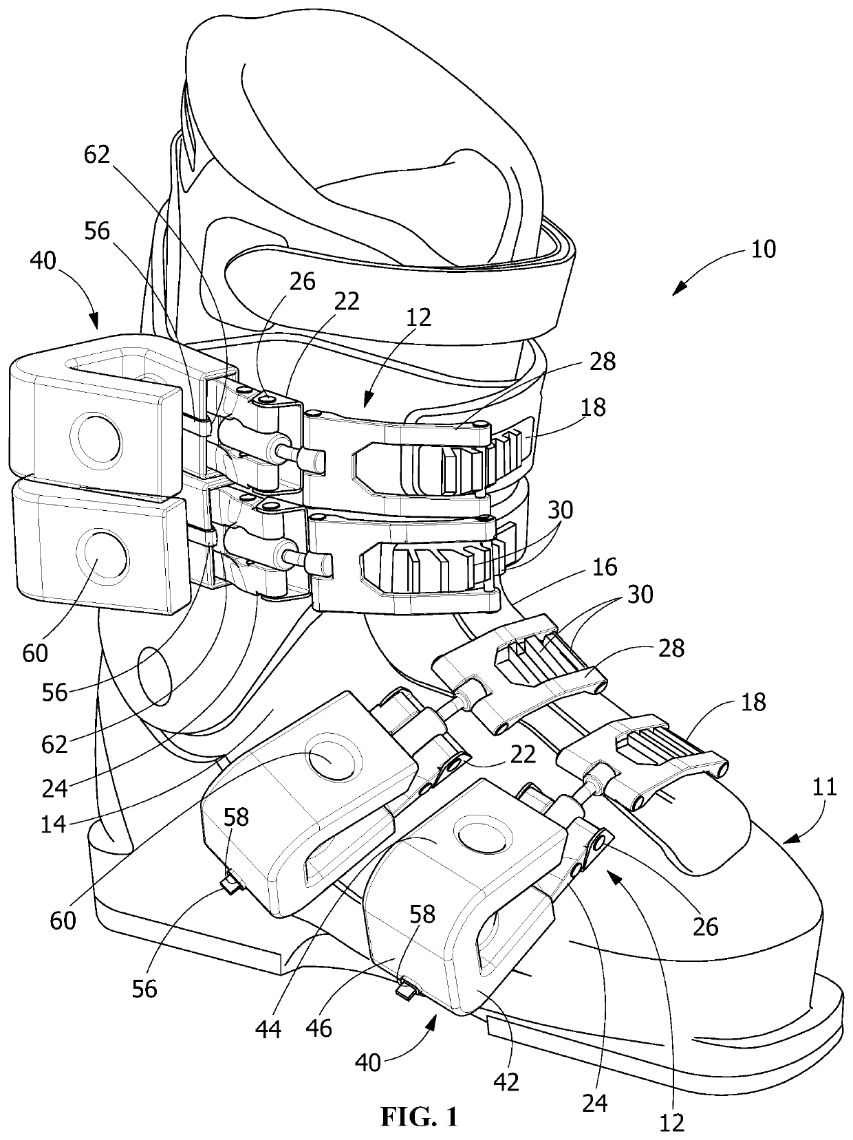 Device and method to facilitate the opening and closing and closing of a ski boot