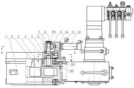 A hydraulically controlled stop pin reset device with movable guide rail of power tongs