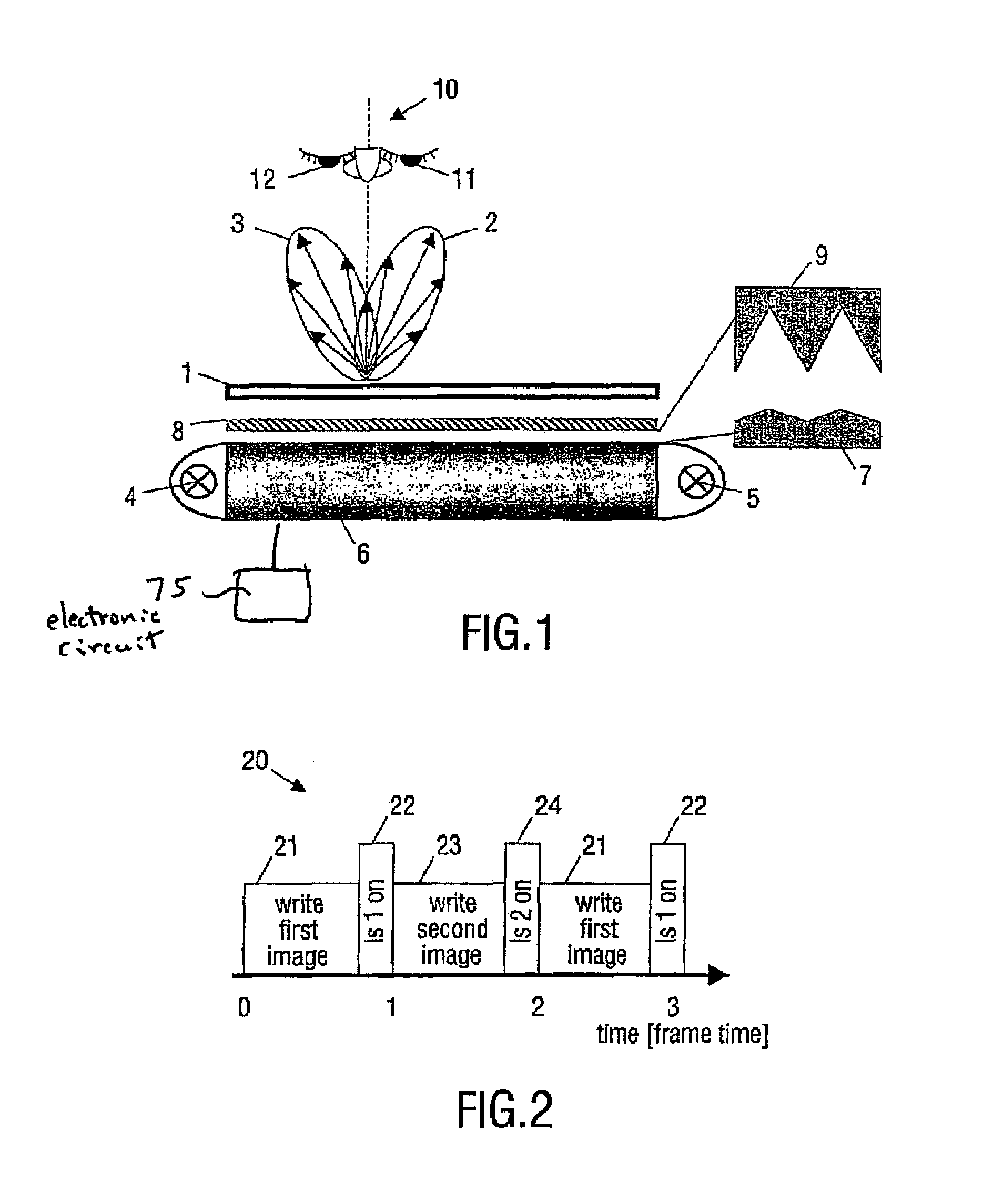 Display device with multi-grooved light direction element and first and second alternating illuminated light sources simultaneously switched for 2D display and synchronously switched for 3D display