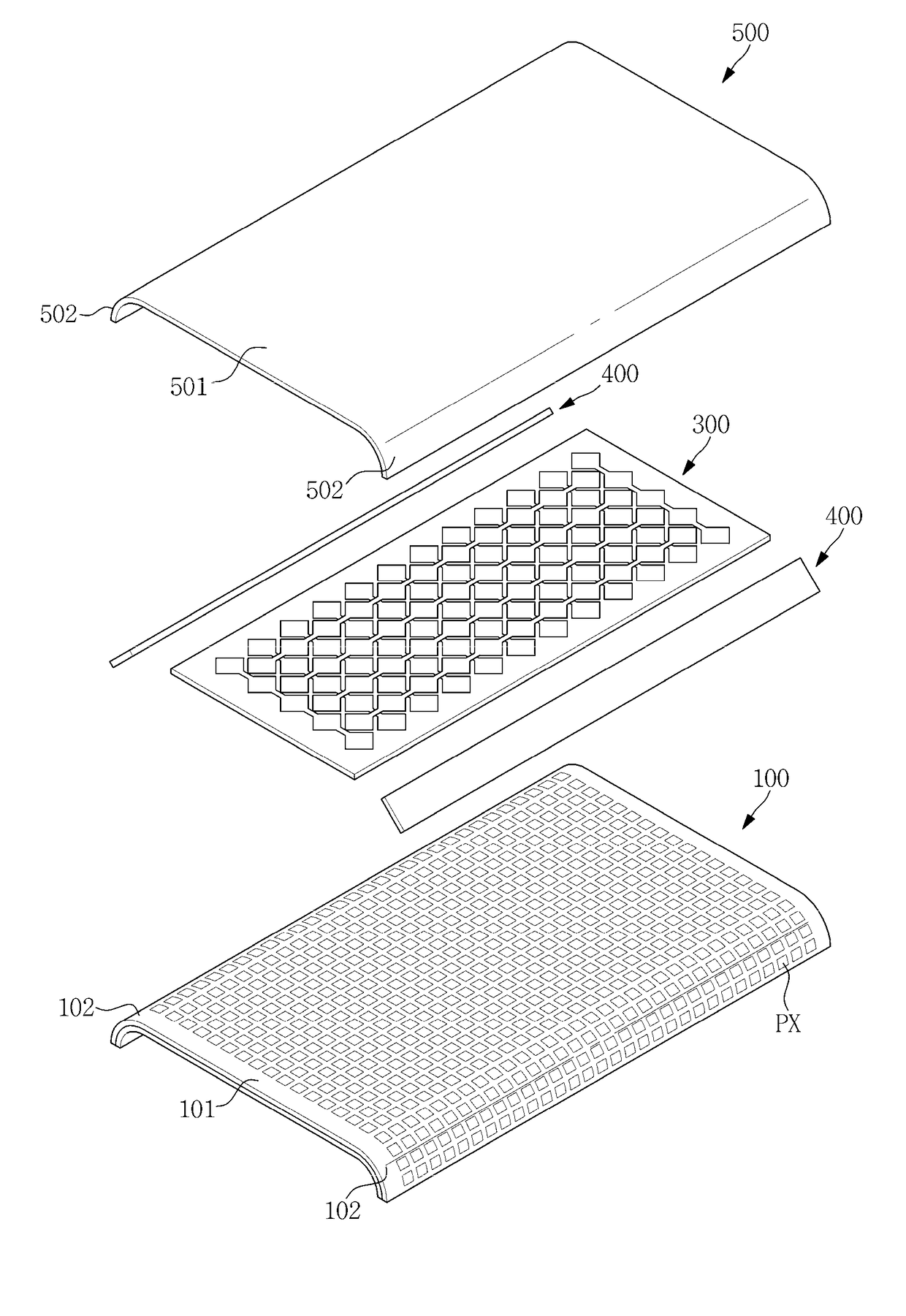 Display device having a planar surface portion and a curved surface portion