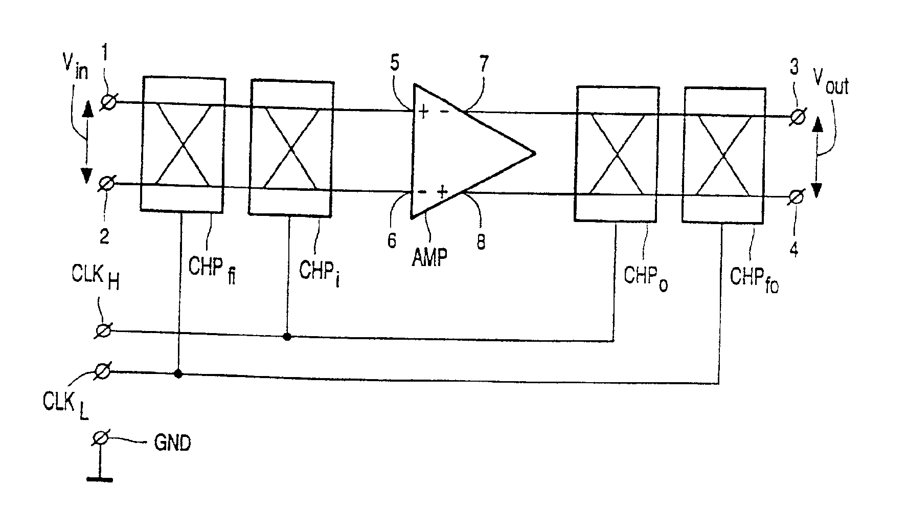 Circuit, including feedback, for reducing DC-offset and noise produced by an amplifier