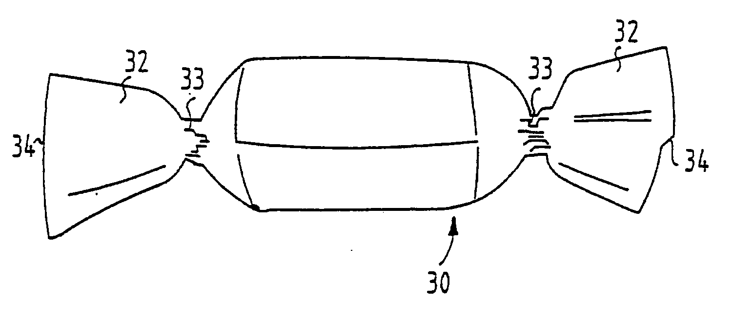 Method and device for packaging a food product, such as a candy, as well as a packaged candy