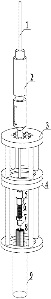 Steel wire drawing and hole cleaning device assembly for replacing old lifting rod of arched bridge pre-stressed boom and method for dismounting old lifting rod