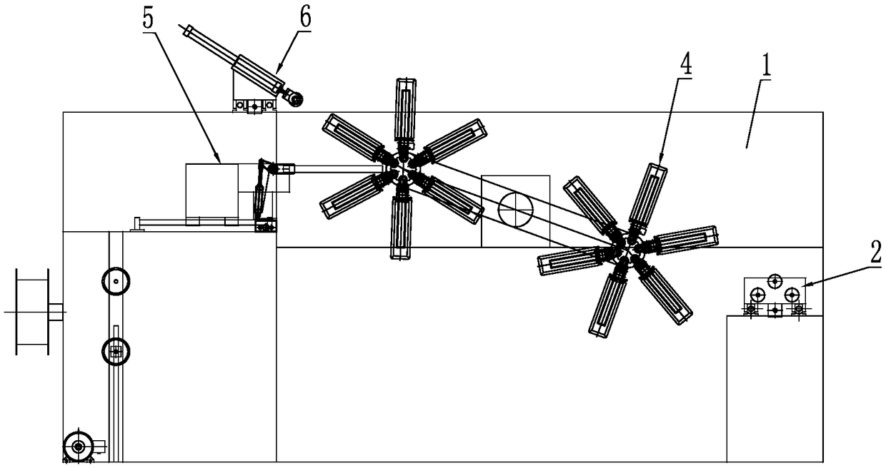 Online automatic roll replacing, cutting, tying and discharging device for plastic pipes