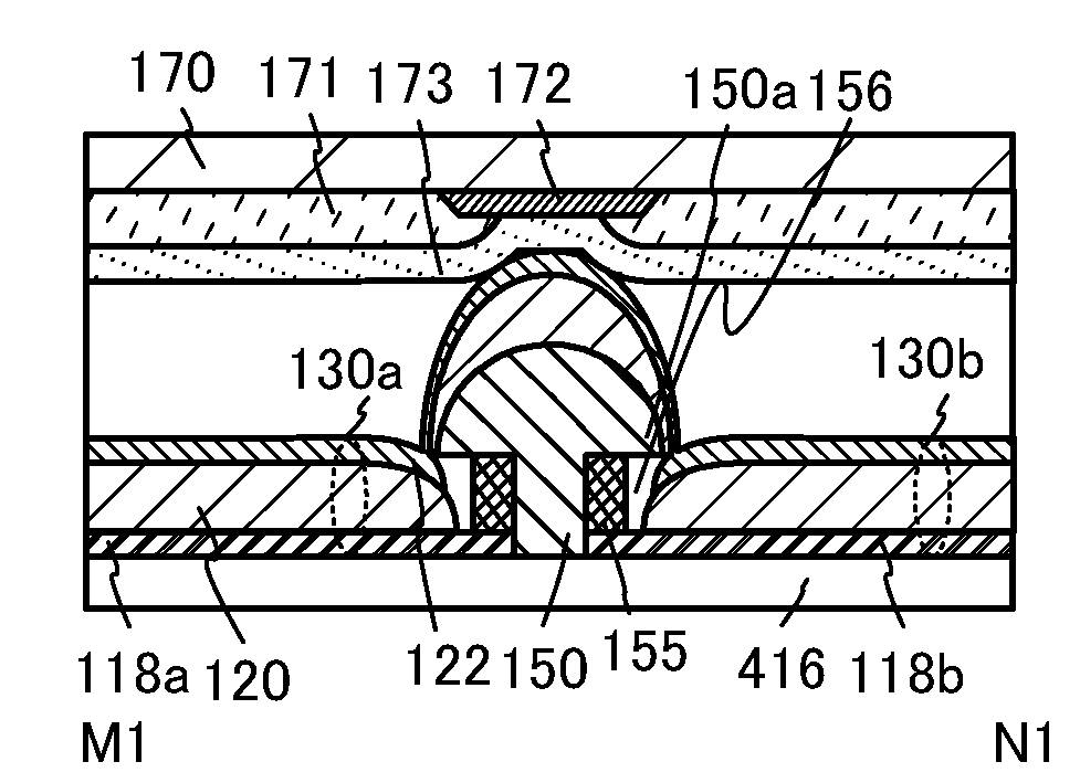 Light-emitting device comprising partition including overhang portion