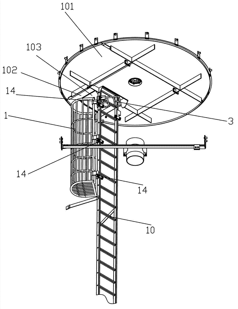Ladder stand safety protection device on top of tower of wind driven generator
