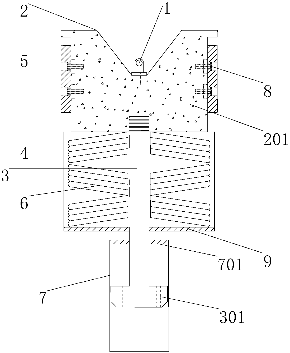 Buffering and damping device with adjustable rigidity and mounting method of buffering and damping device