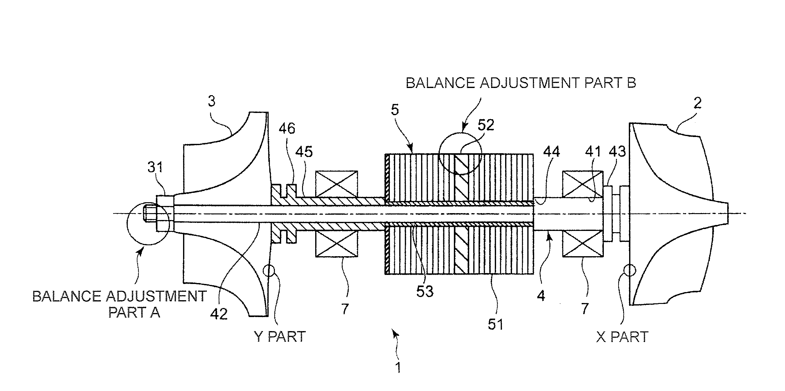 Structure and method for adjusting balance of turbocharging device incorporating electric motor