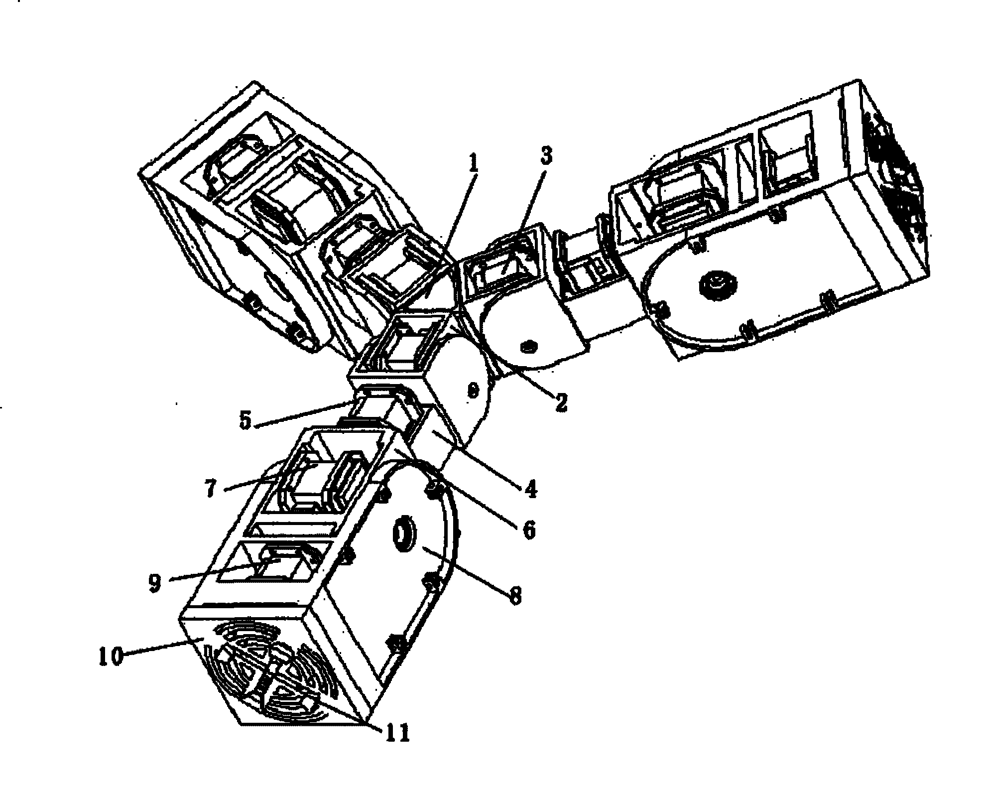Three-arm buttjunction module flat lattice type self-reorganization robot