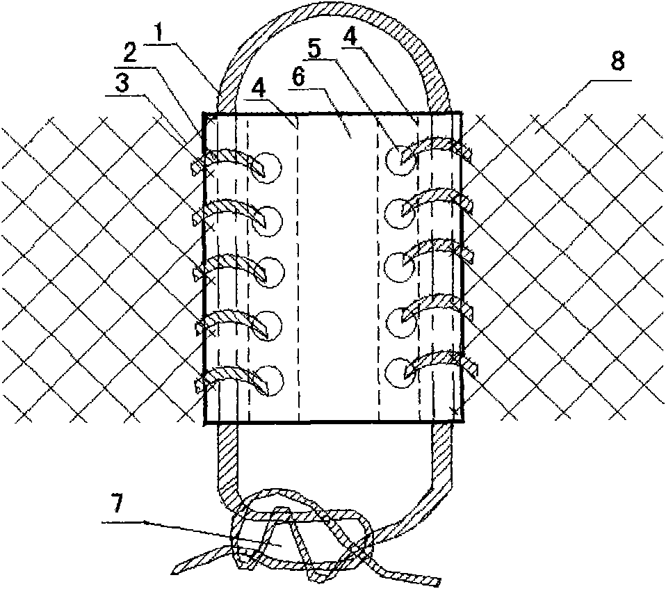 Connection method for adjacent meshes of copper alloy trapezius net