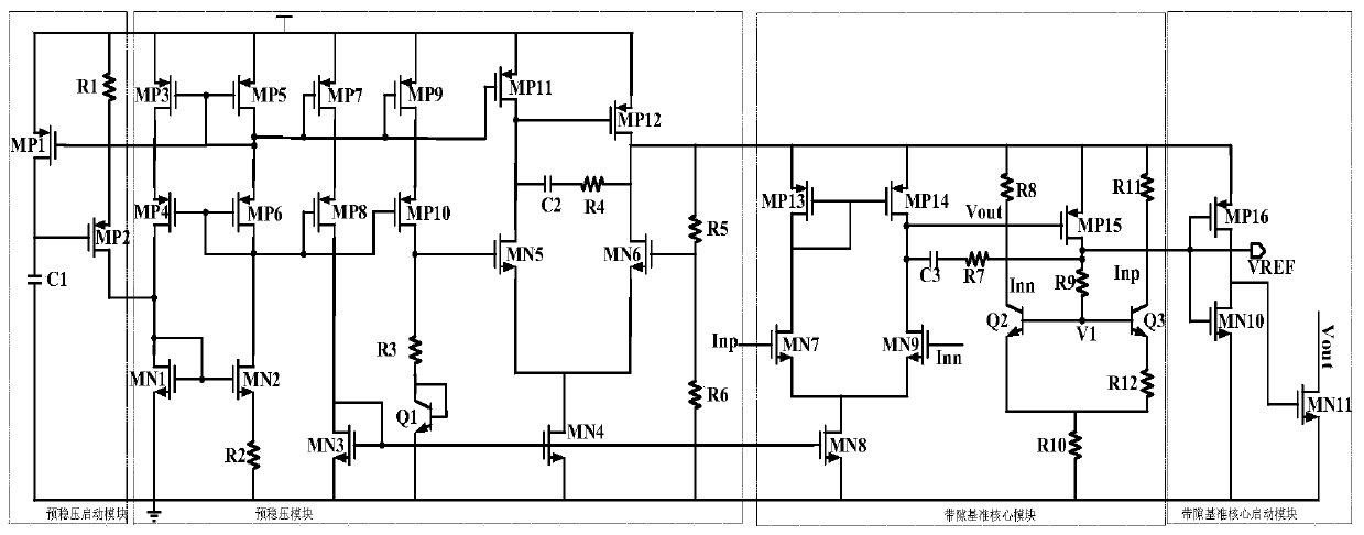 Exponential compensation-based low-temperature-drift high-power-source rejection ratio band-gap reference circuit