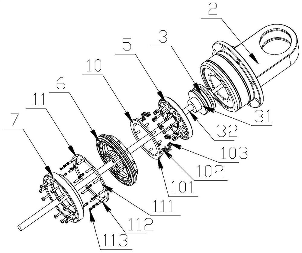 An oil-pneumatic spring base assembly integrating a vehicle height sensor and a valve group