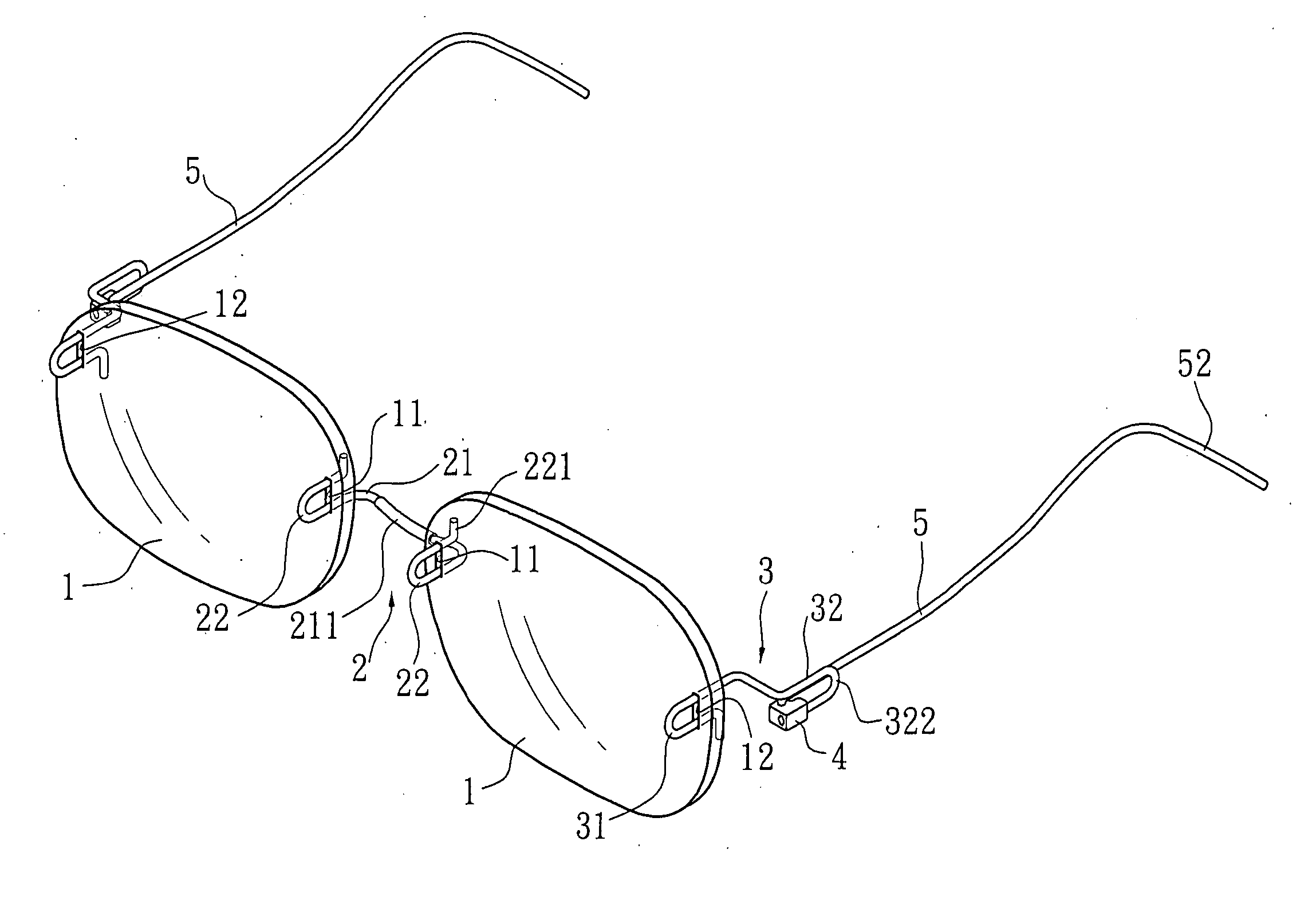 Assembling structure of a pair of glasses