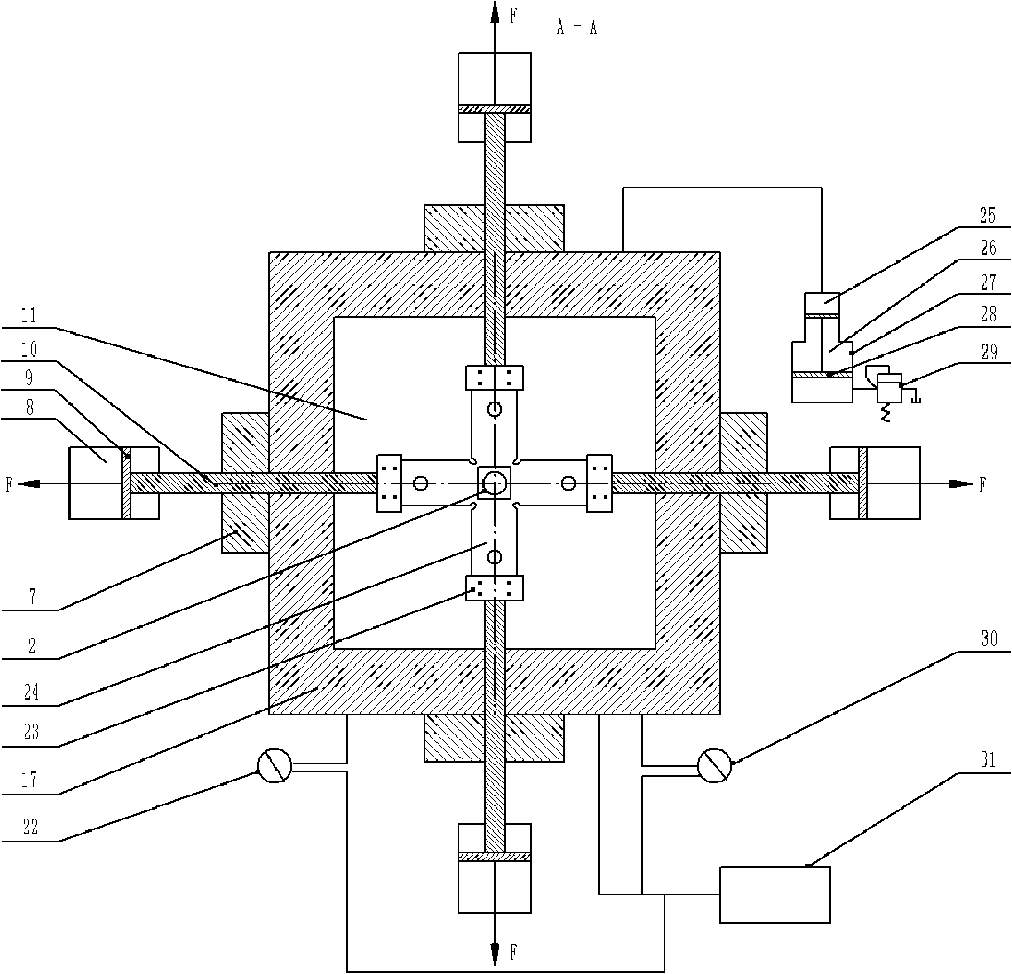 A biaxial tensile test device with third-direction stress provided by fluid pressure and its application