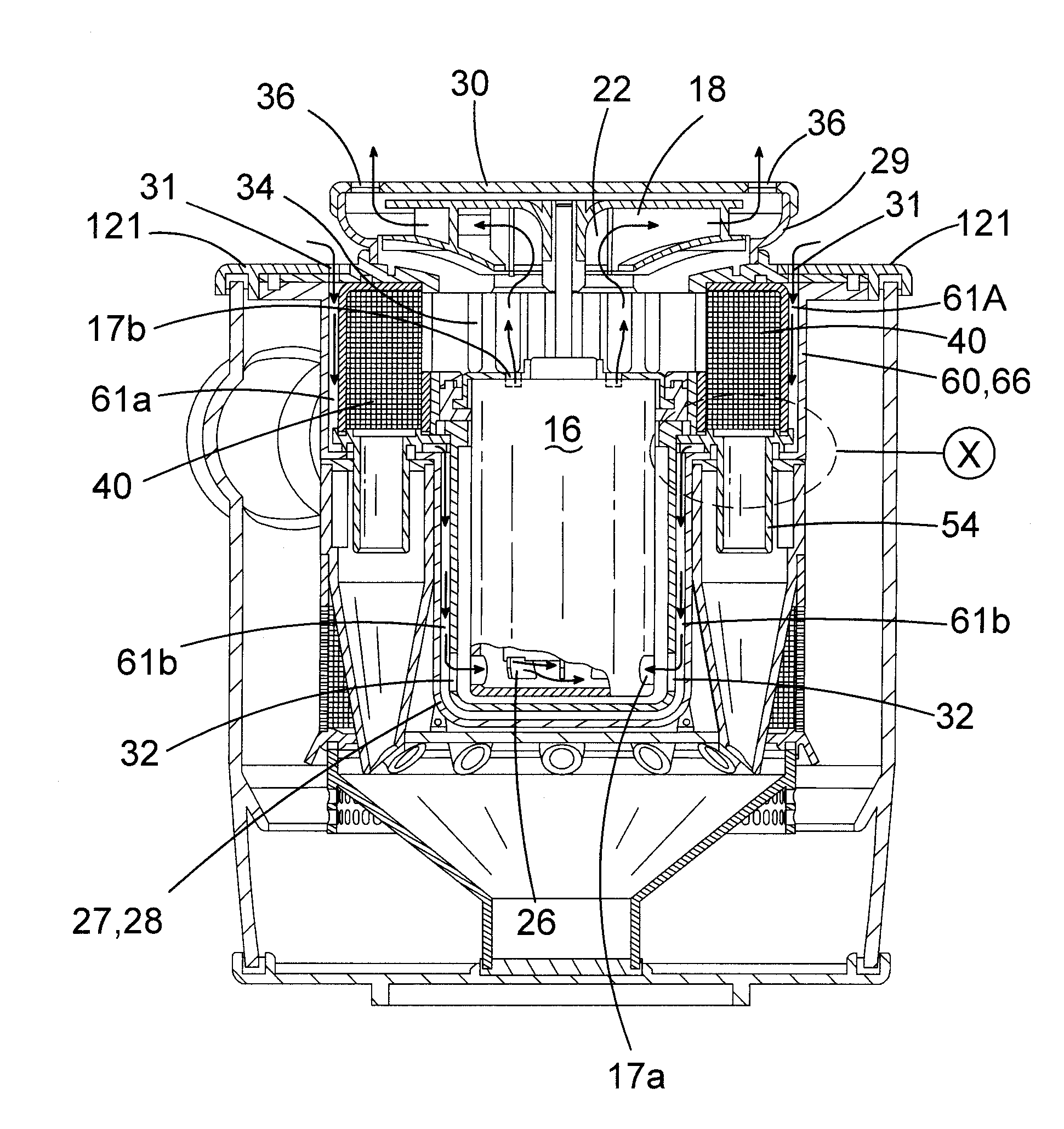 Motor, fan and cyclonic separation apparatus arrangement
