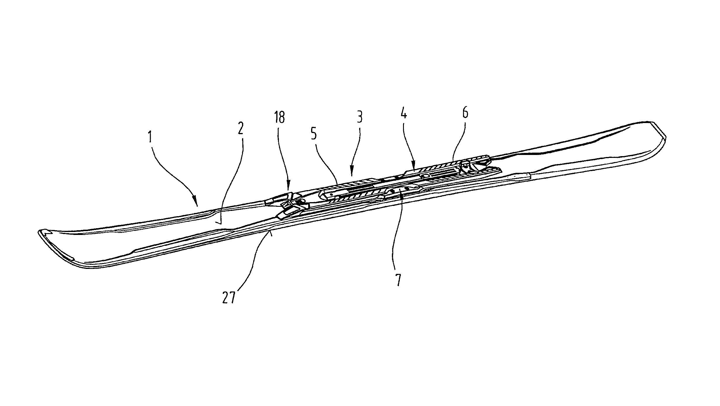 Ski with a connecting device for a ski binding