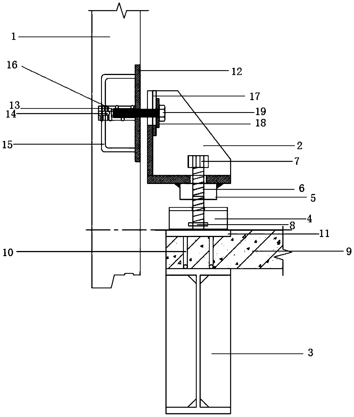 Connecting load-bearing joint structure of adjustable rotary precast concrete exterior hanging wall panel and steel beam and construction method