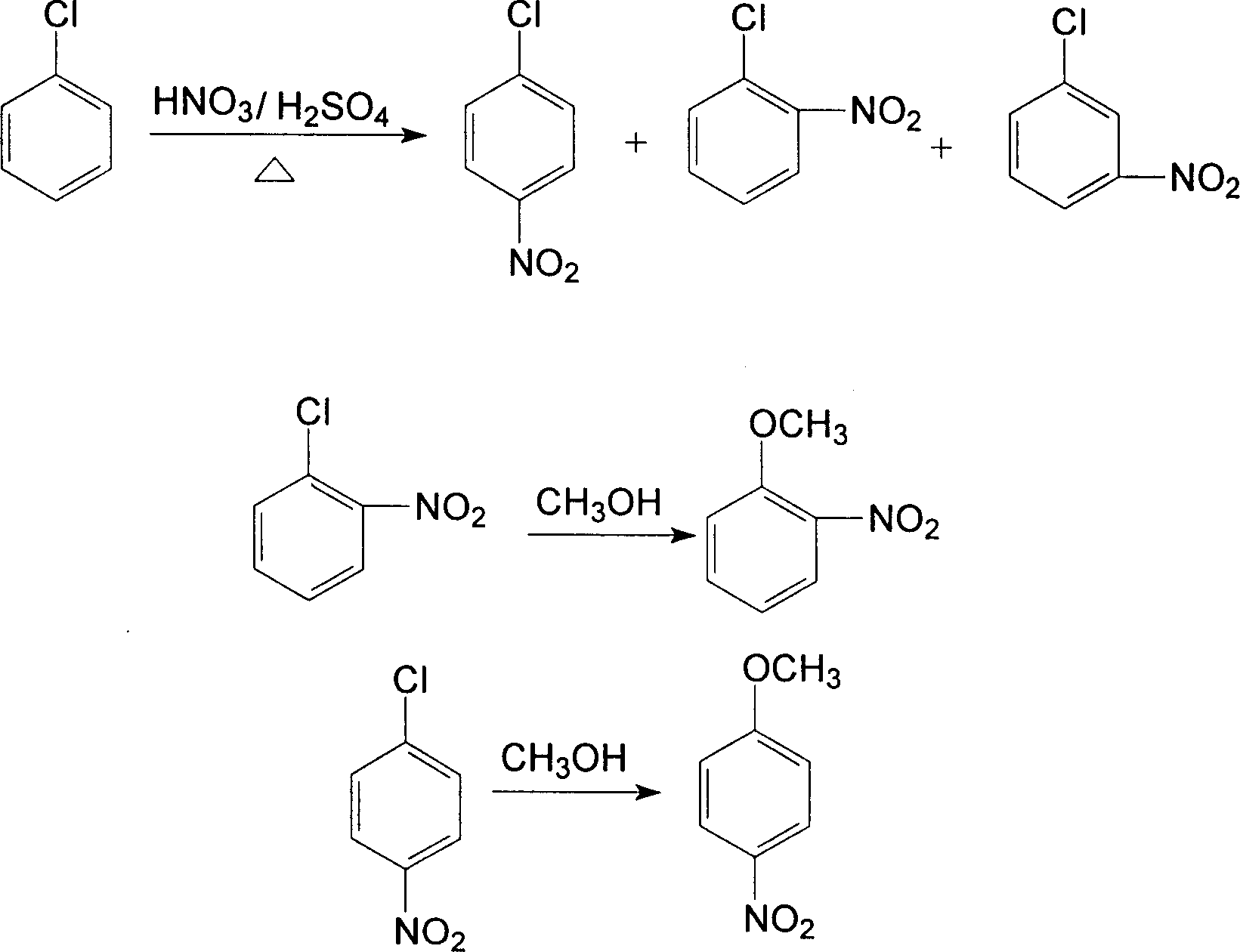 Tech. of producing ortho nitro methyl-phenoxide para nitro methyl-phenoxide and meta nitro chlorobenzene from chlorobenzene