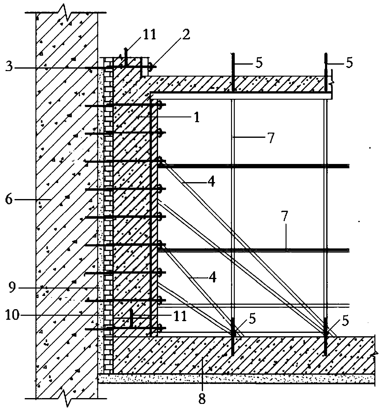 Basement exterior wall single-face formwork supporting system and construction method thereof
