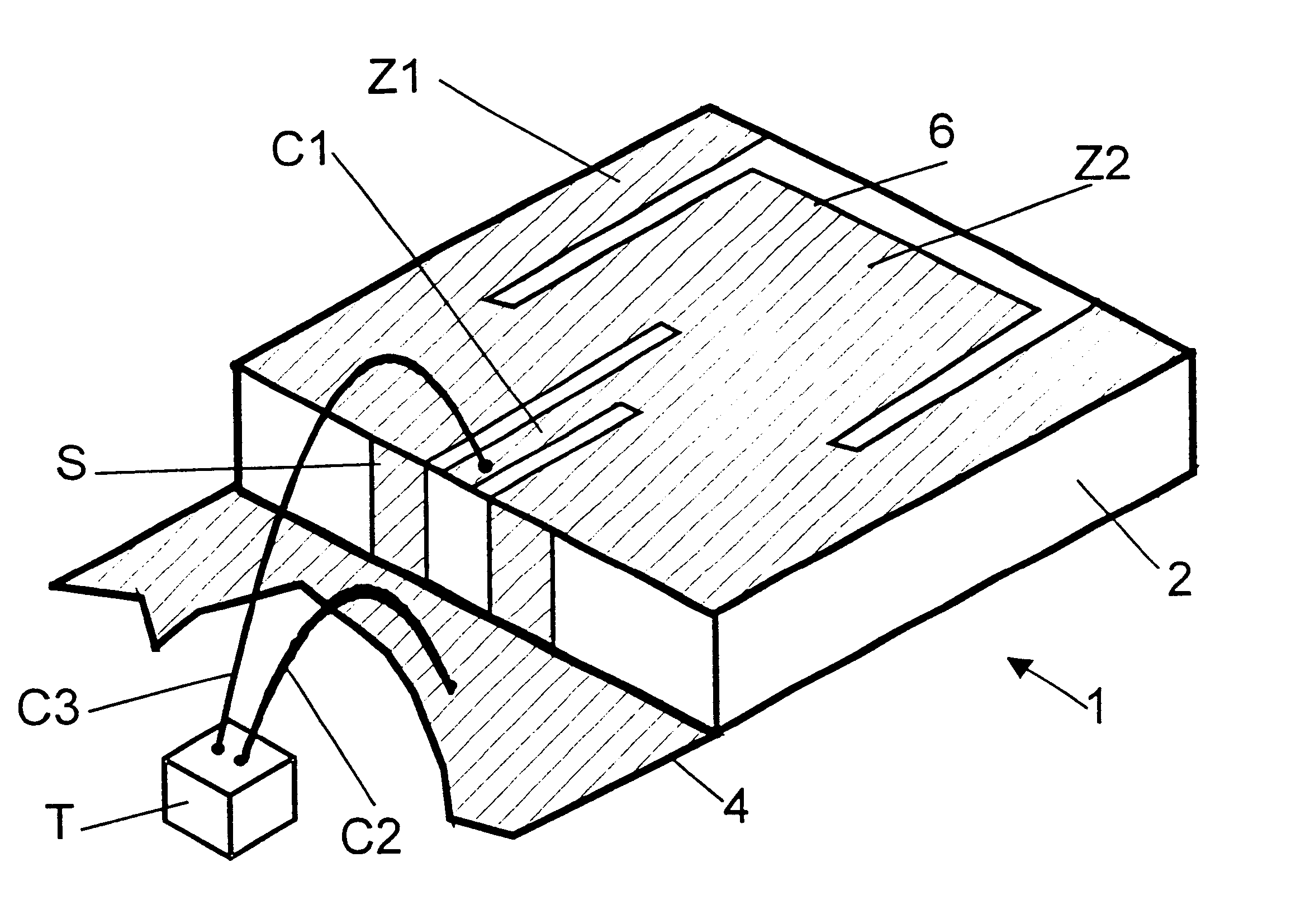 Antenna with a conductive layer and a two-band transmitter including the antenna