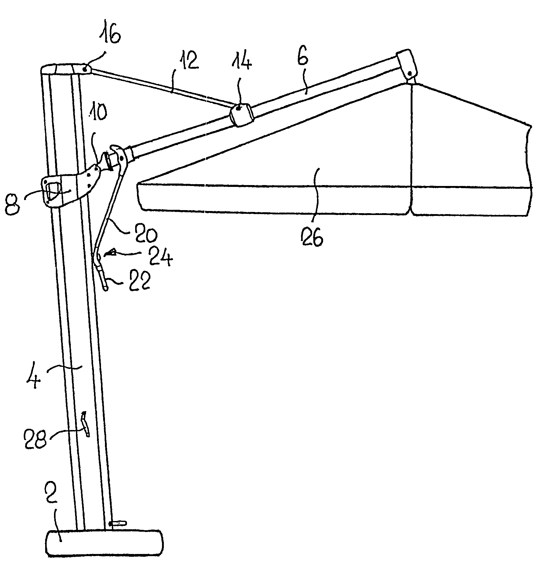 Extension arm for a free arm parasol, pivotably arranged on a carrier