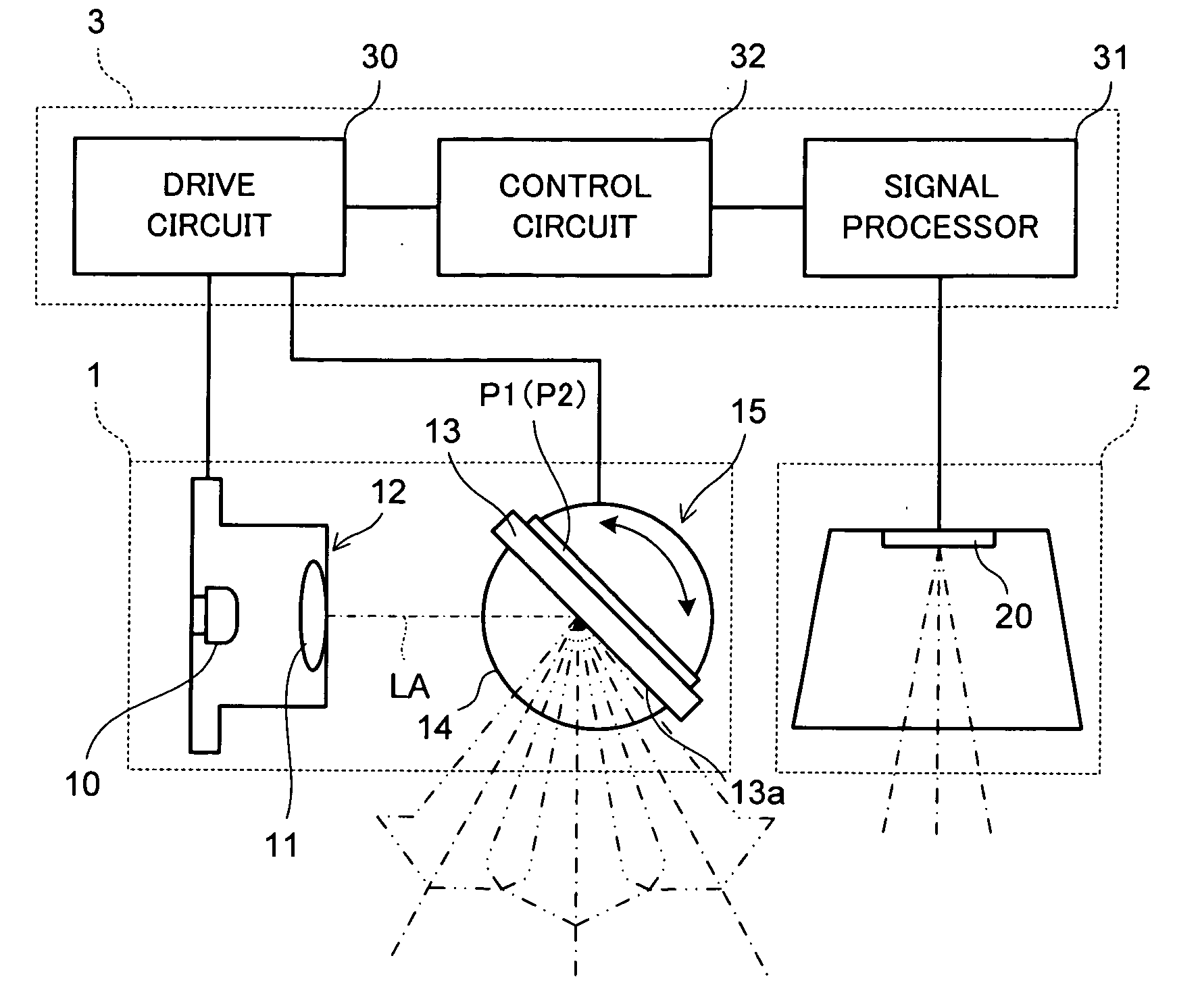 Distance measuring device and laser beam projector therefor