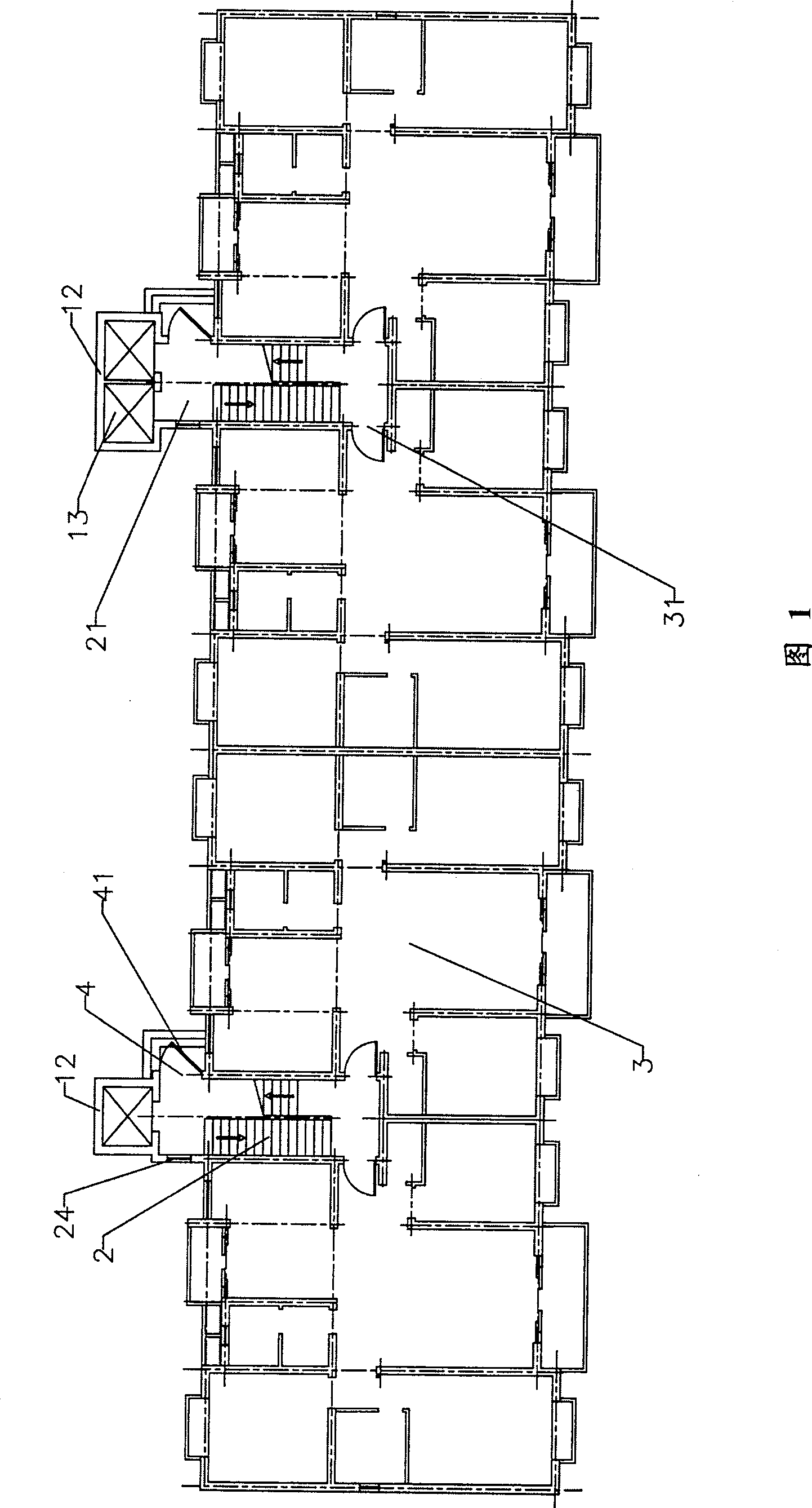 A sharing structure of storied building elevators and stairs