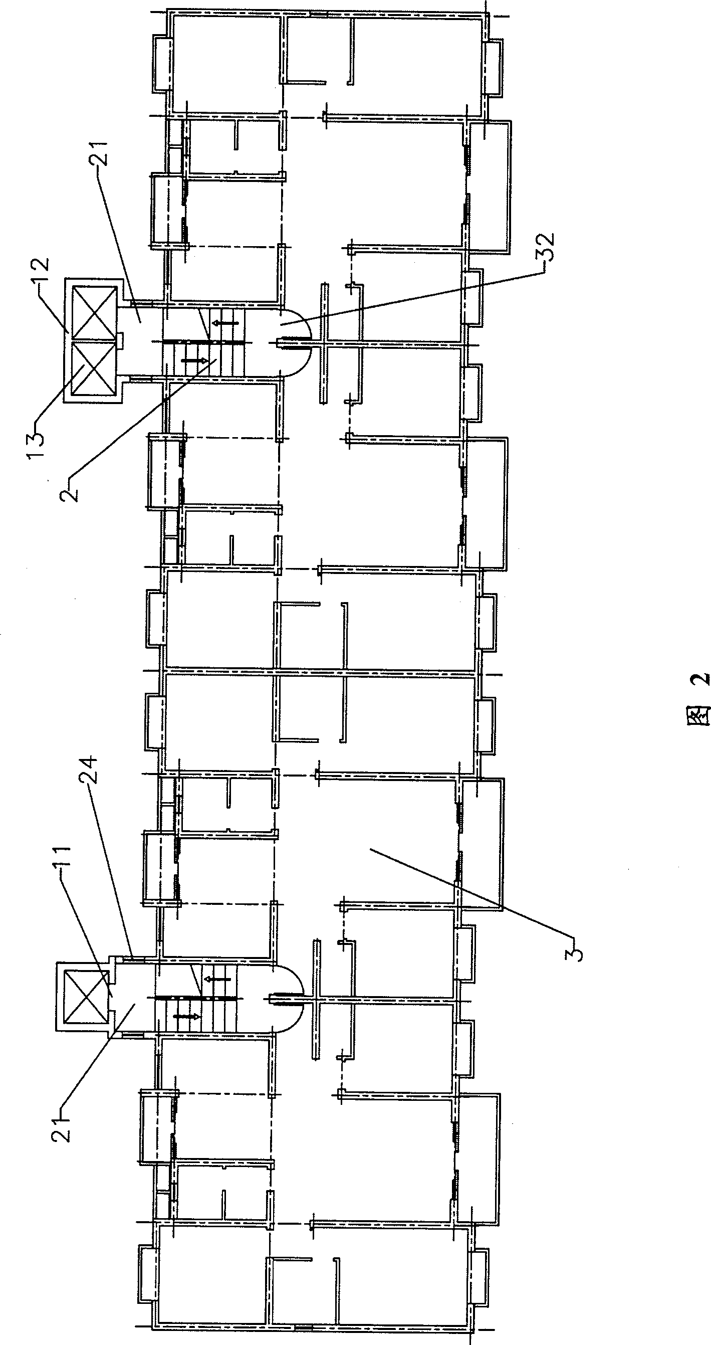 A sharing structure of storied building elevators and stairs