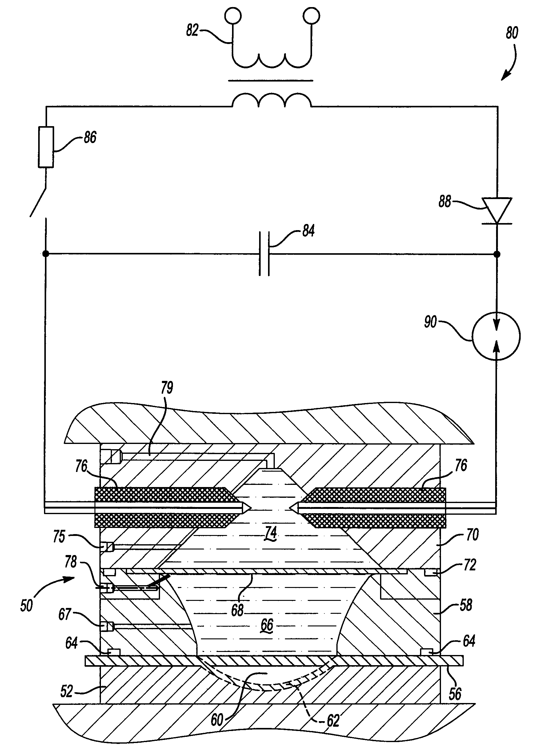Electro-hydraulic forming tool having two liquid volumes separated by a membrane