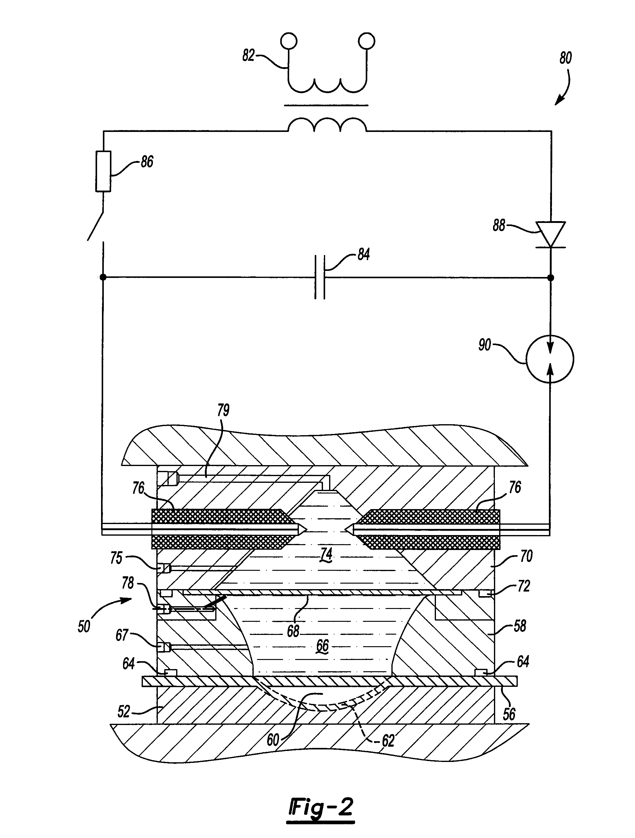 Electro-hydraulic forming tool having two liquid volumes separated by a membrane