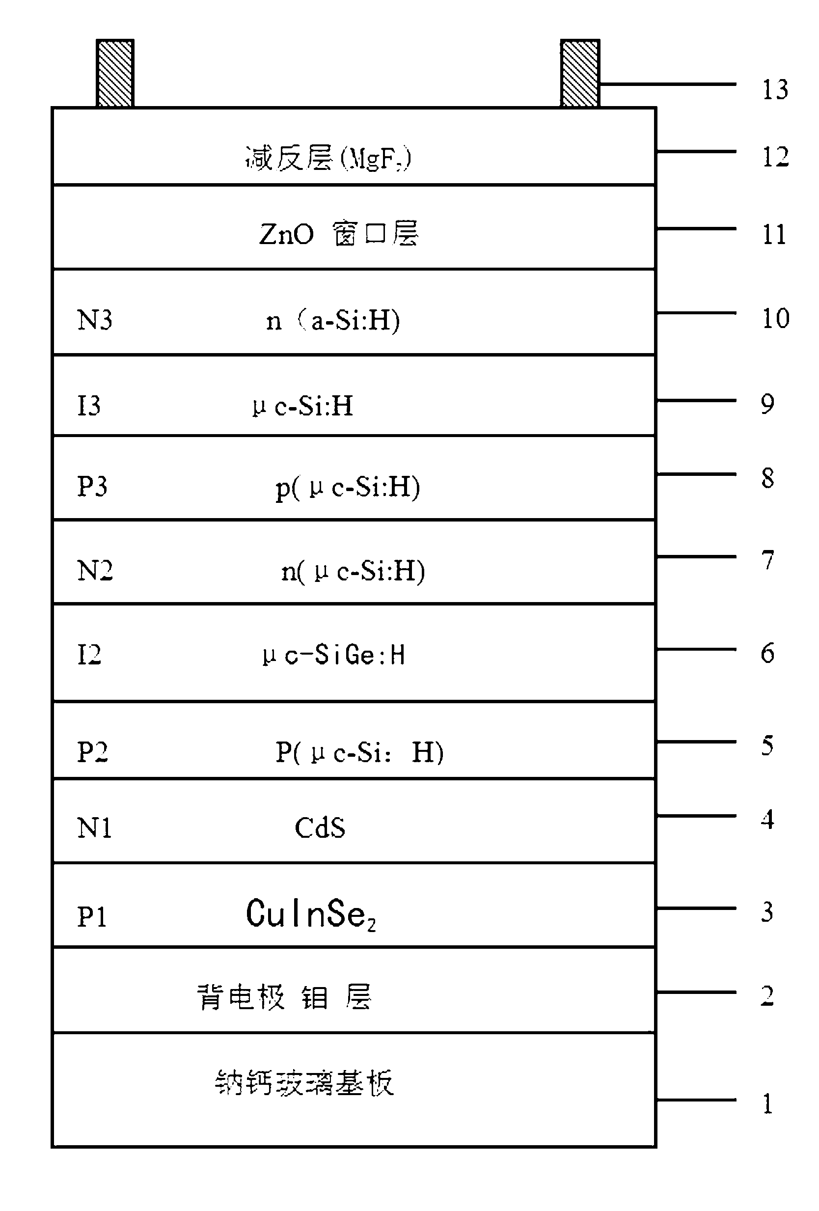 High efficient three-lamination-layer heterojunction film solar cell and preparation method thereof