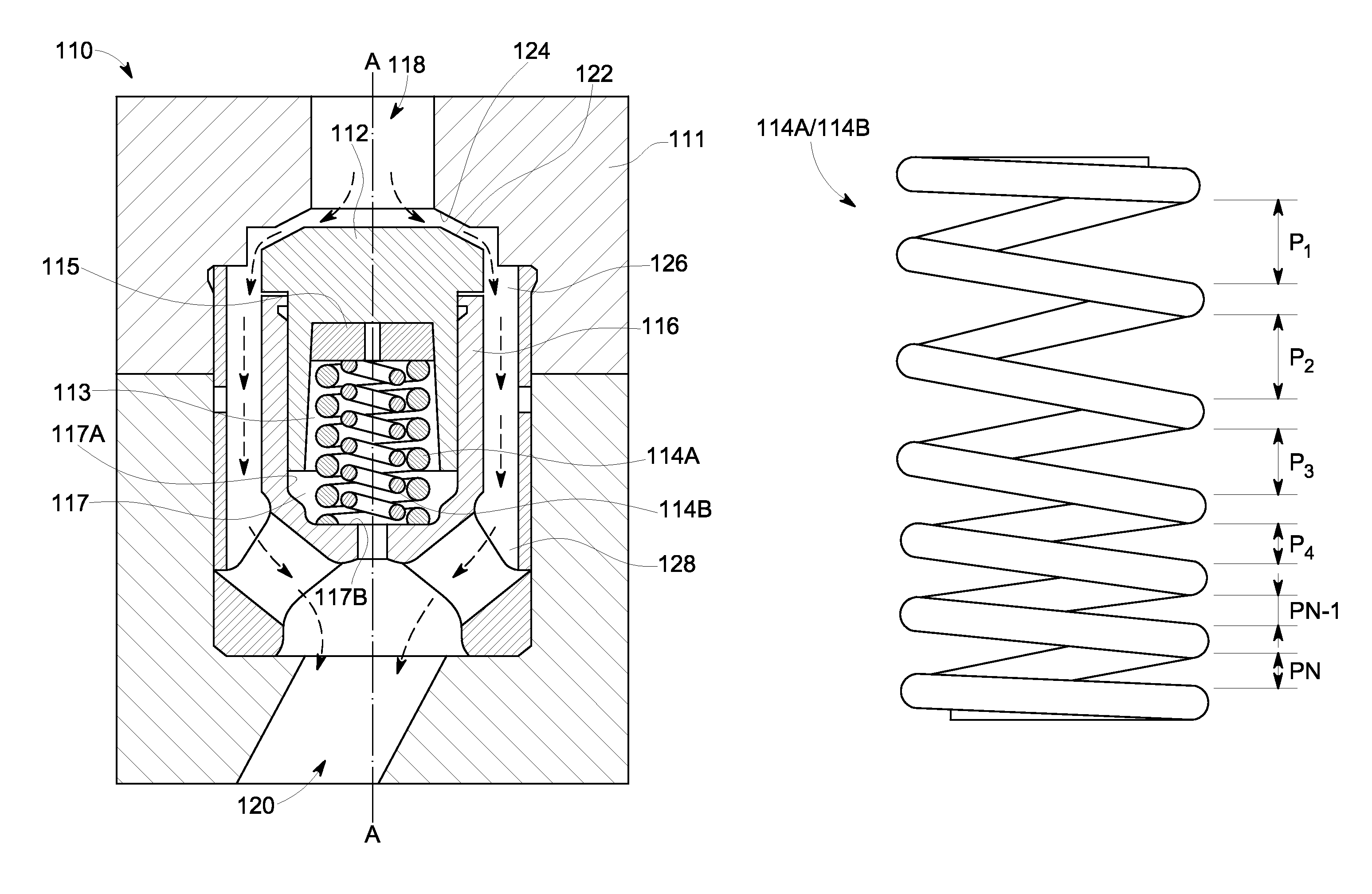 Differential pressure valve with parallel biasing springs and method for reducing spring surge
