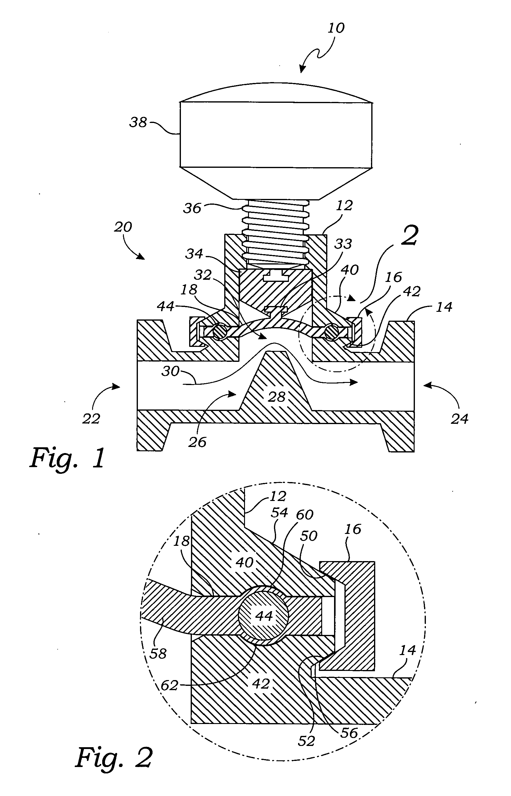 Valve diaphragm with a compression restraining ring, and valve including same