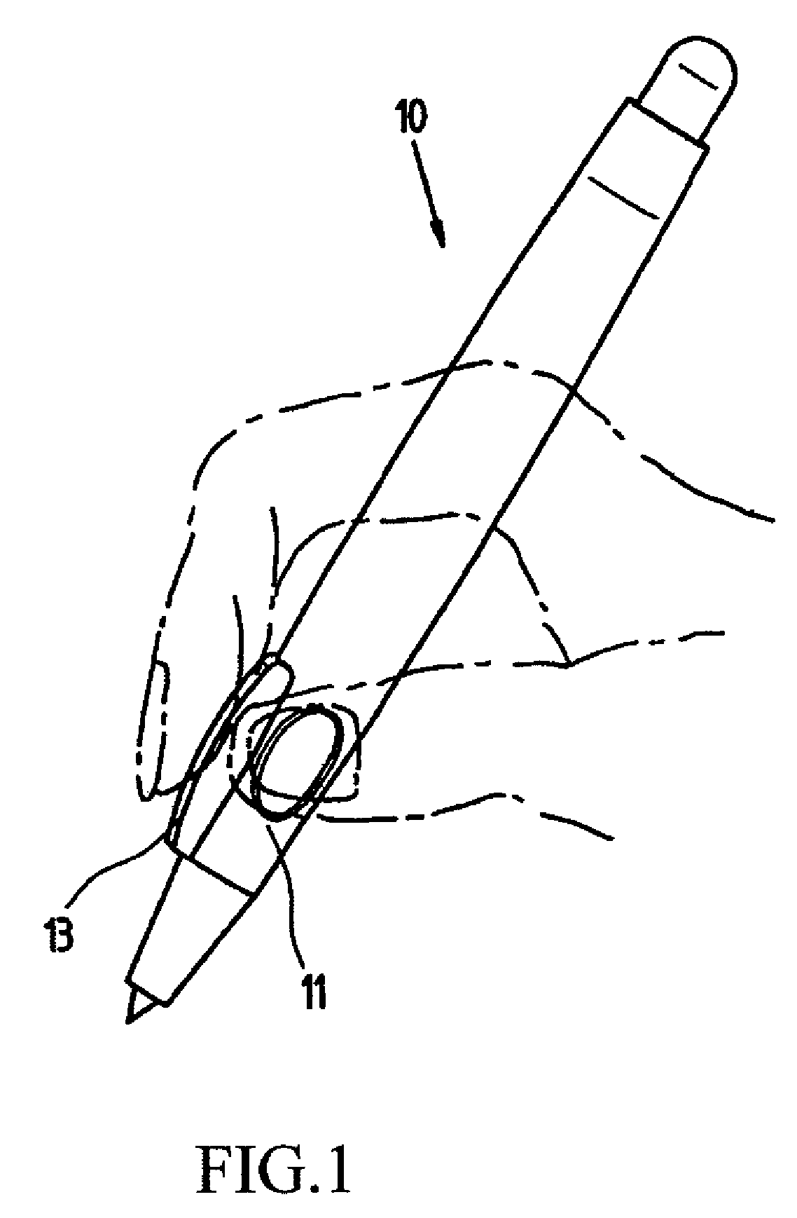 Ergonomic pen with convex device for index finger exerting force thereon