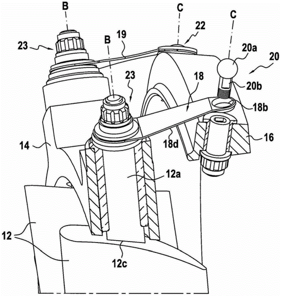 A device for controlling the pivoting blades of a turbine