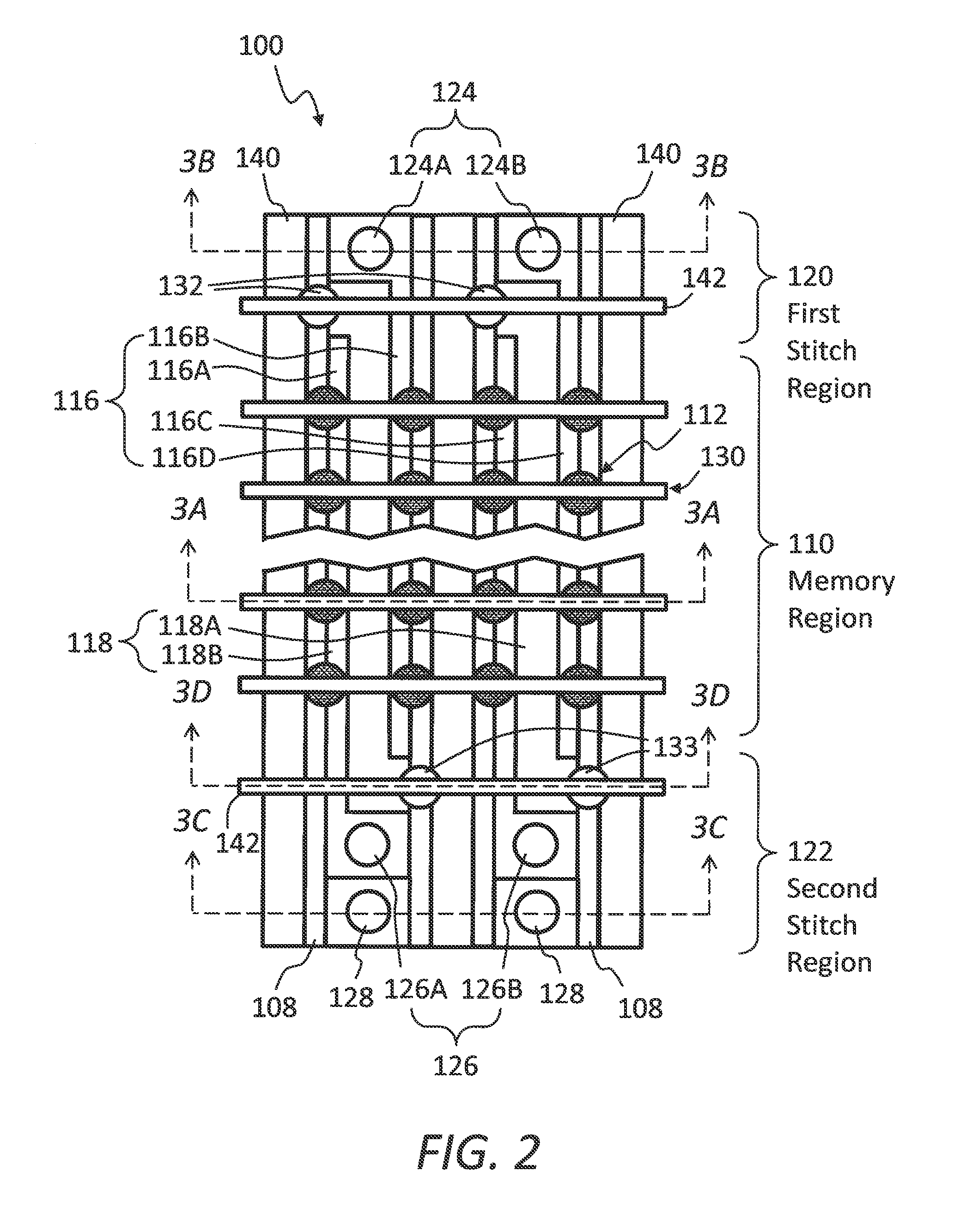 Memory device having stitched arrays of 4 F2 memory cells