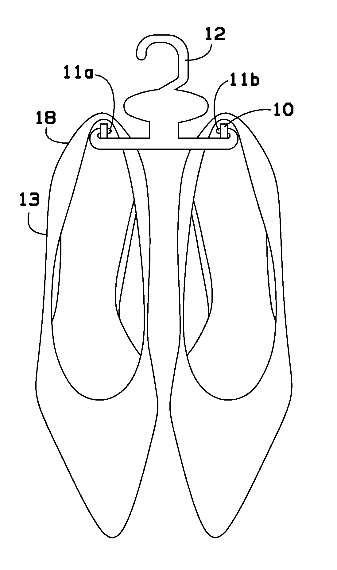 Fabric or elastic heel tab to attach shoes with heels to display hangers