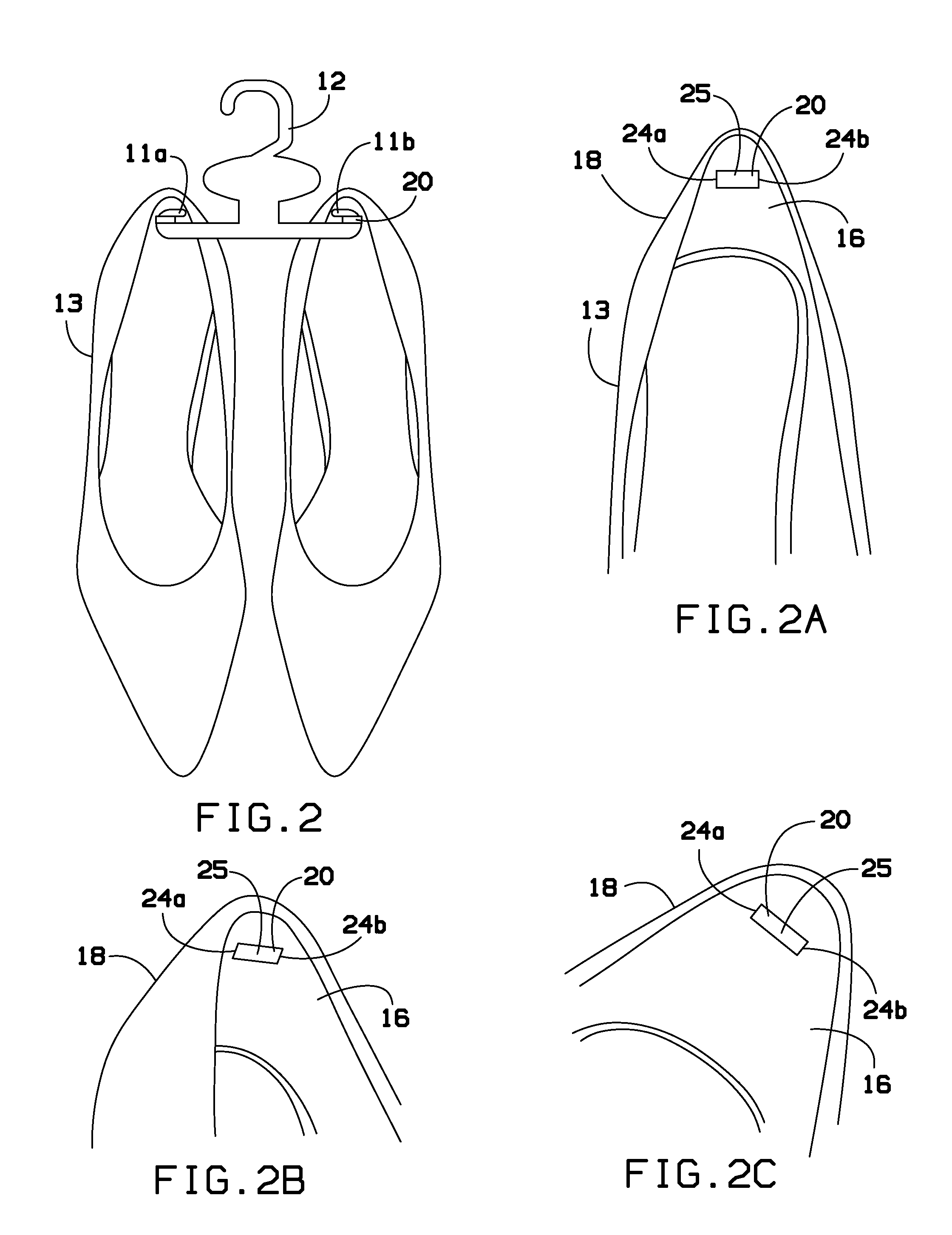 Fabric or elastic heel tab to attach shoes with heels to display hangers