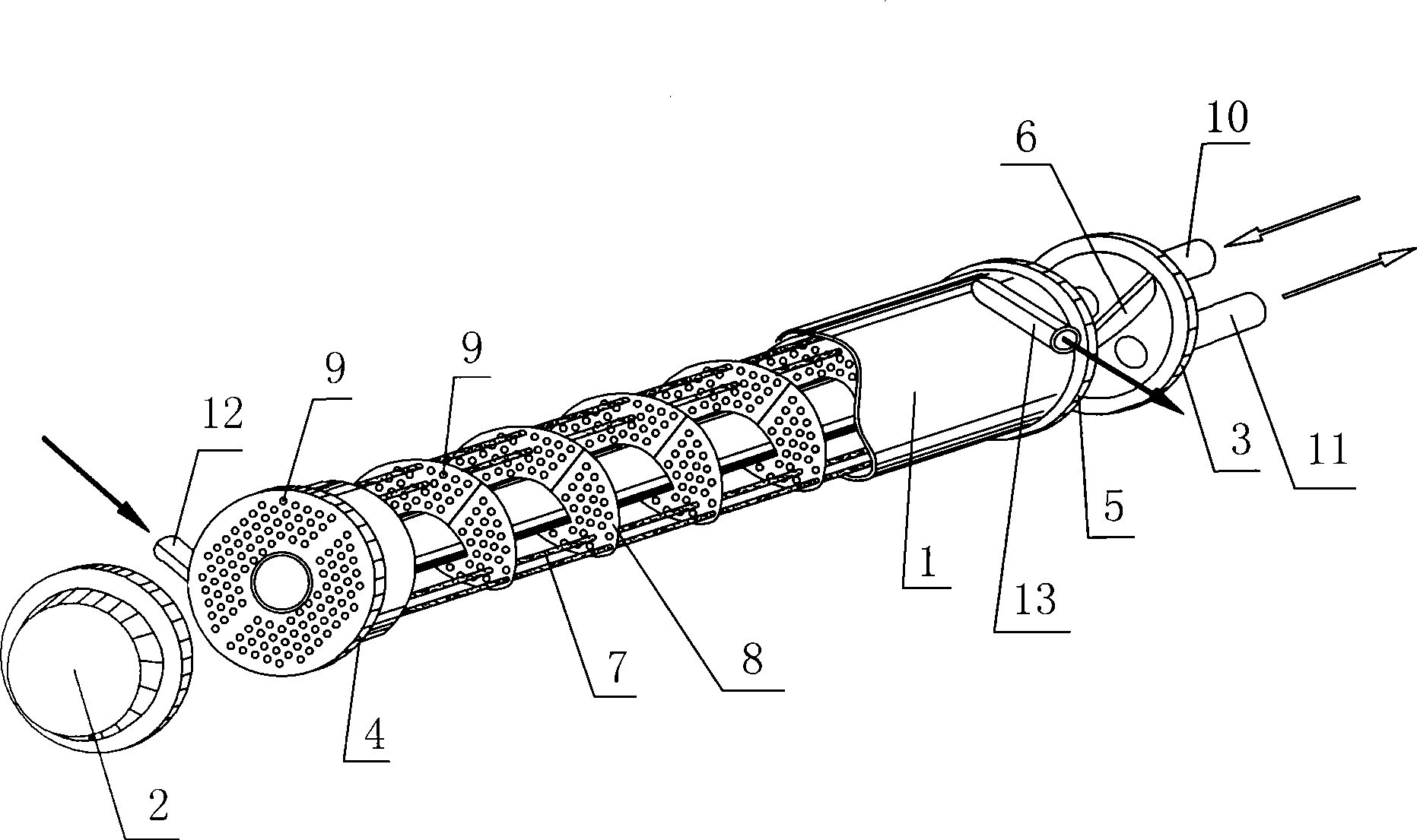 Shell-pipe head exchanger by double helix flowing of fluid medium in or out of heat exchange tube
