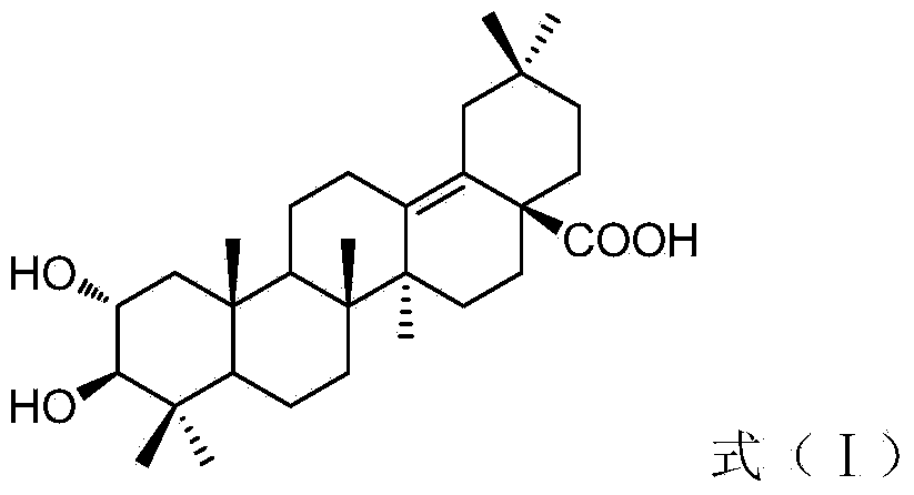 Preparation method of 2alpha, 3beta-dihydroxyl oleanane-13(18)-ene-28-acid and application of 2alpha, 3beta-dihydroxyl oleanane-13(18)-ene-28-acid in preparing antibacterial agent