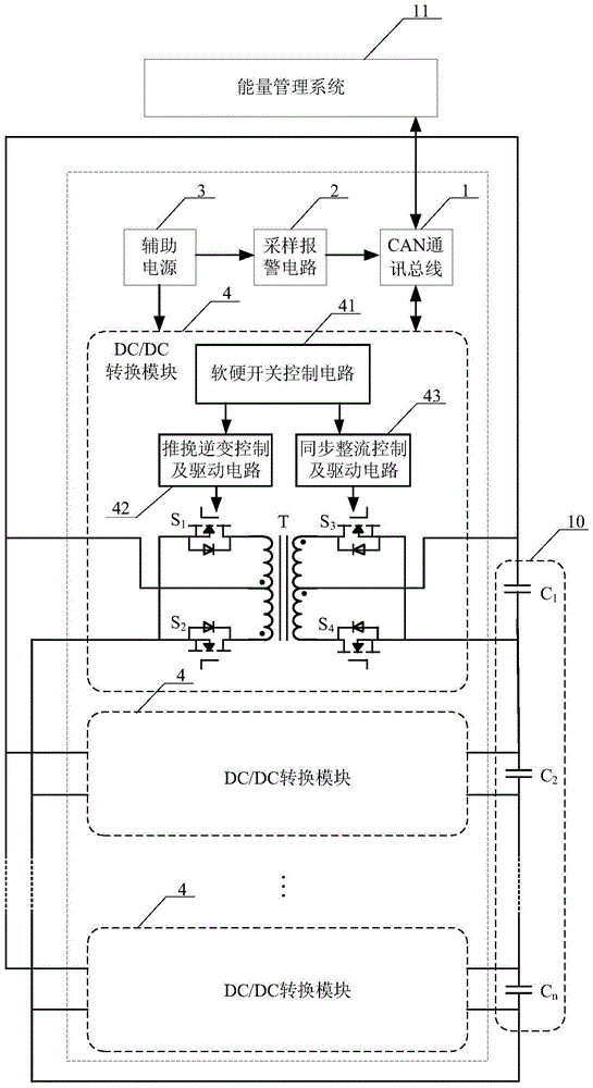 High-efficiency and high-power supercapacitor module voltage equalization device and method