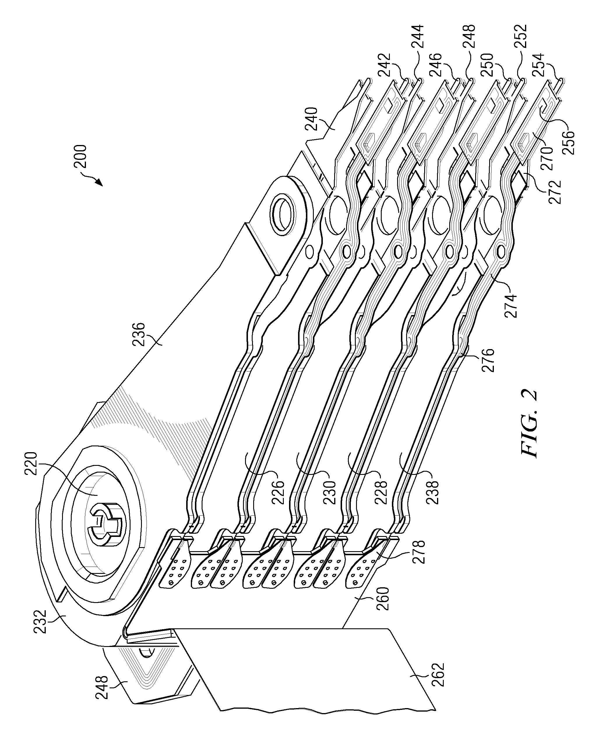 Head stack assembly with suspension tails extending into interfering slits in a flexible printed circuit