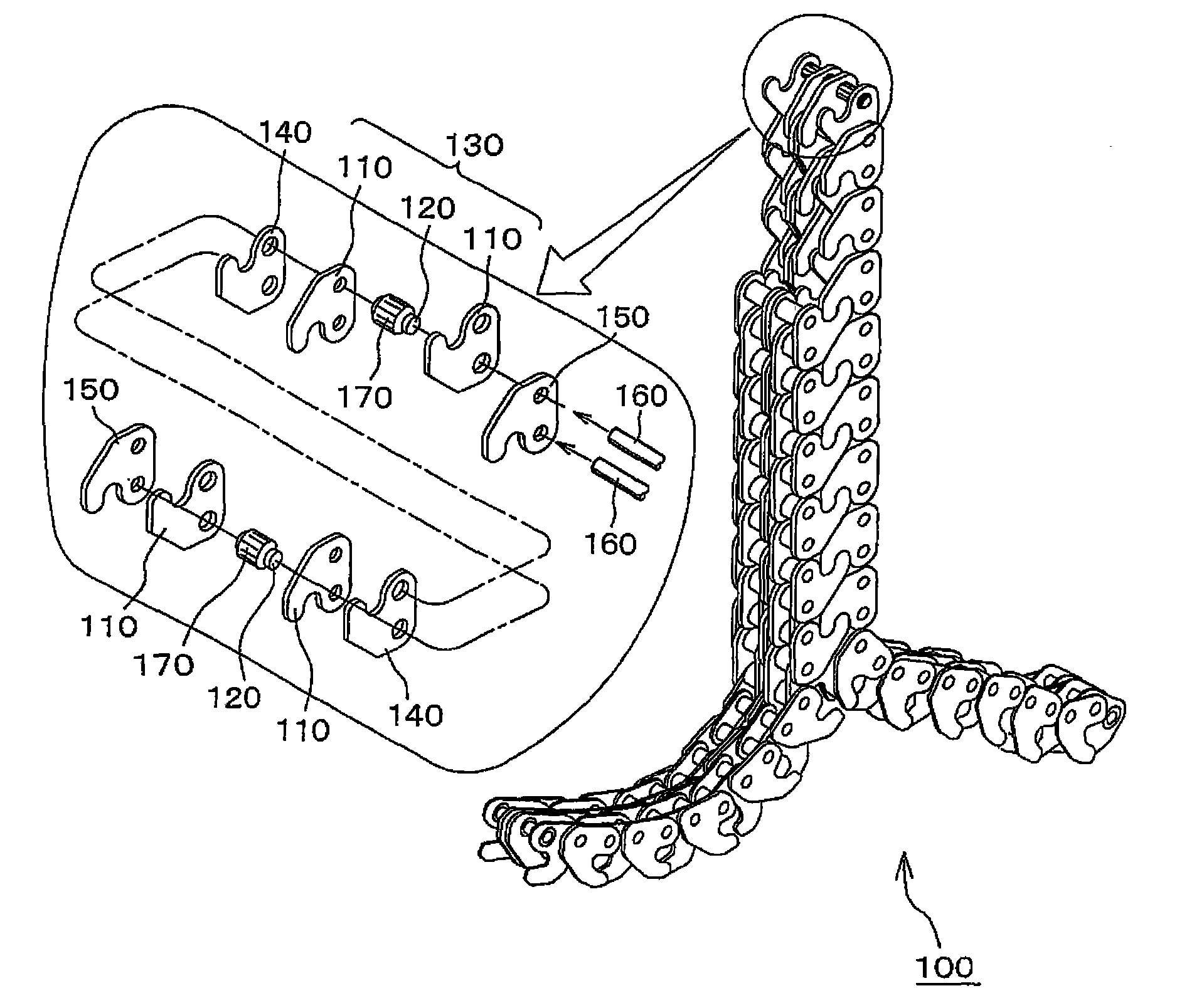 Hoisting and lowering driving engagement multi-row chain