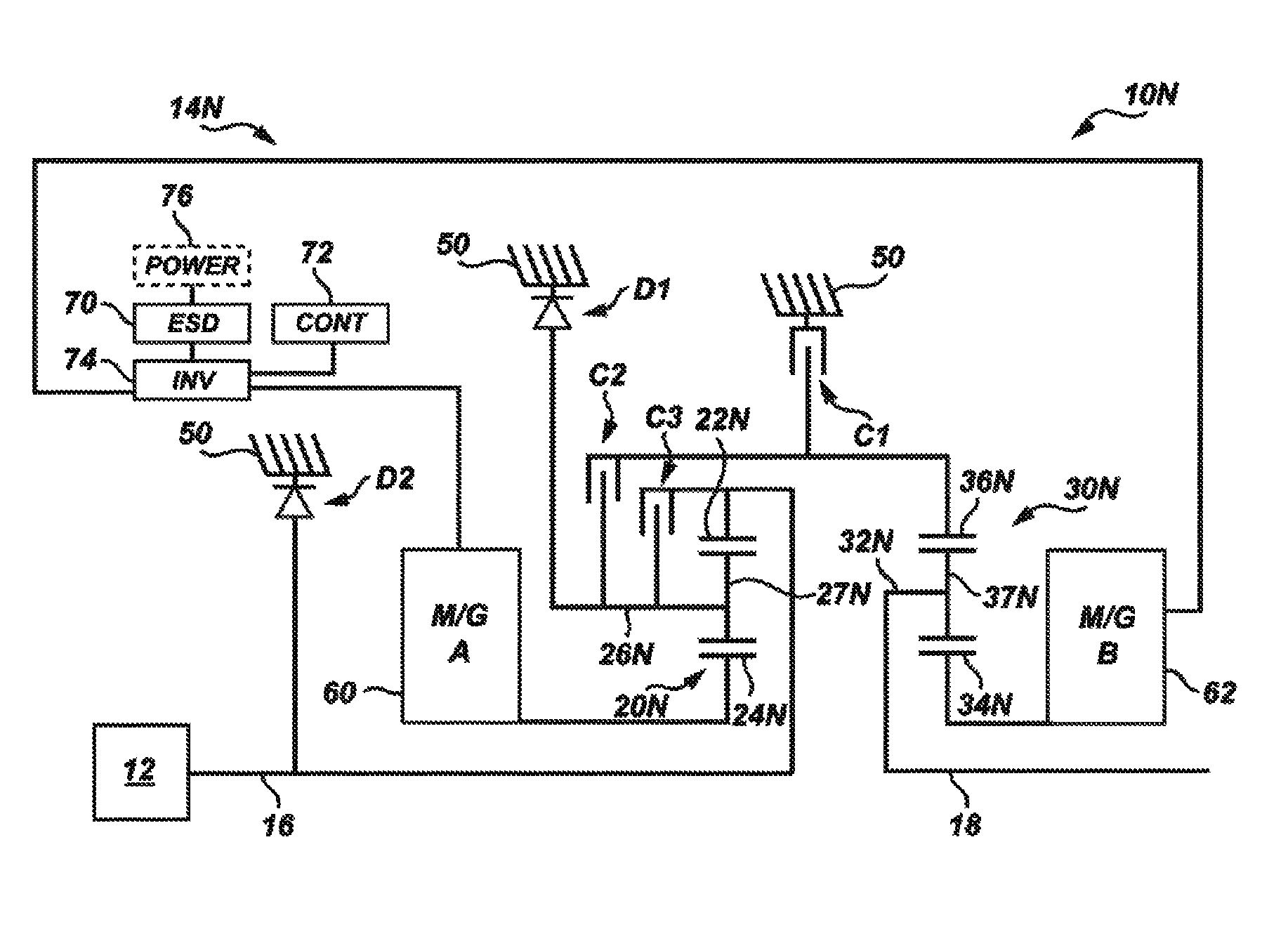 Output-split electrically-variable transmission with two planetary gear sets and two motor/generators
