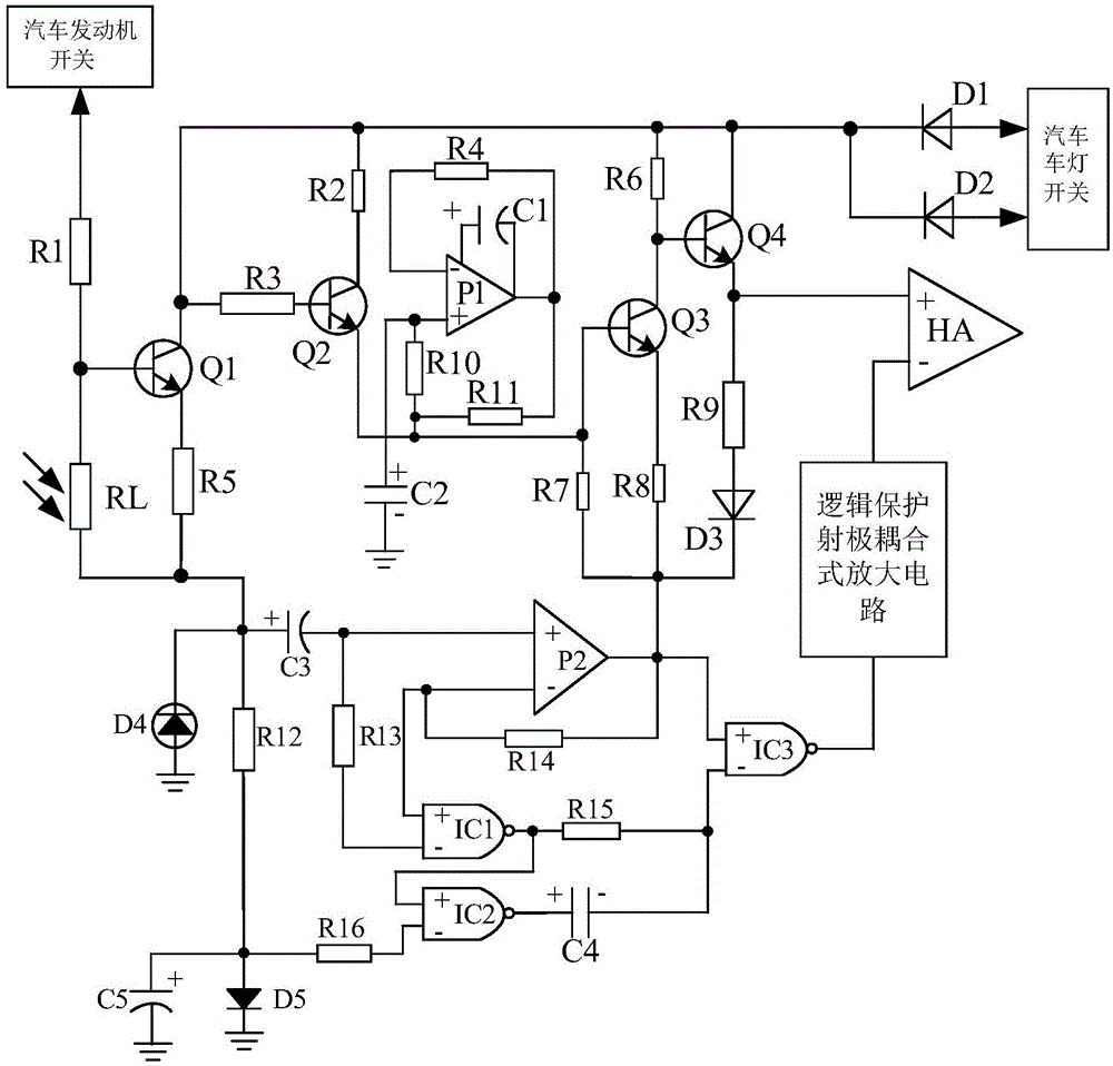 Light-beam-excitation type logical protection emitter coupling high-power automobile lamp alarm system