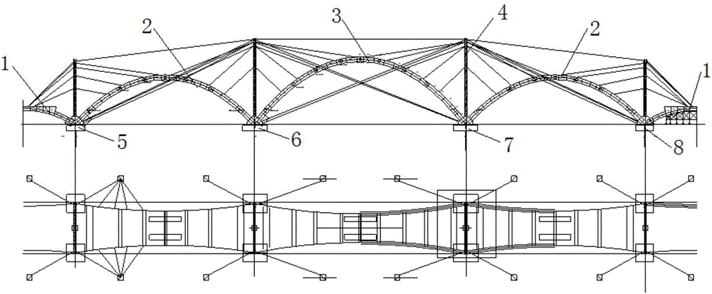 Construction method for multi-span basket type arch bridge